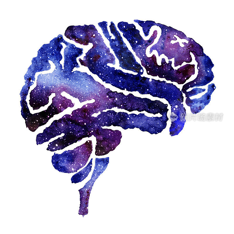 Blue watercolor human brain with galaxy effect